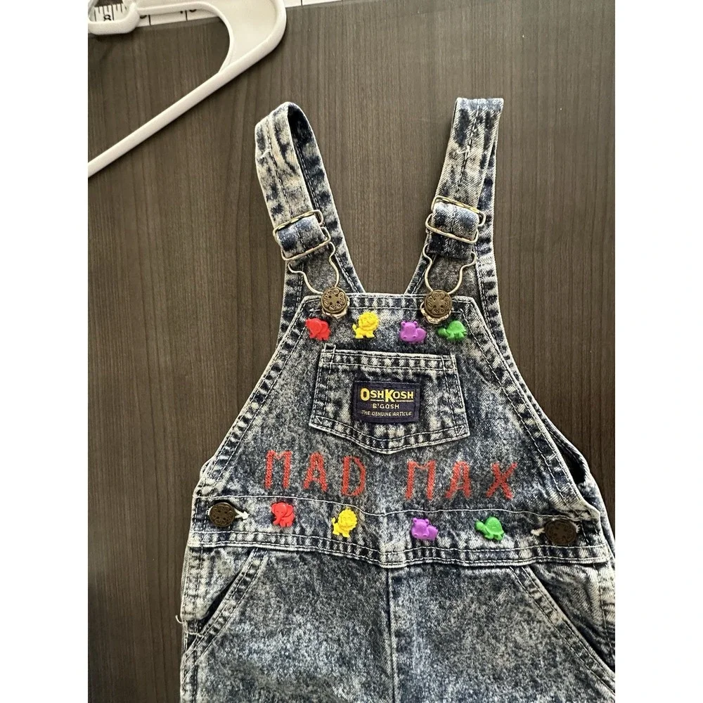 Vintage OshKosh B'gosh Acid Wash Shortalls 18 Month Mad Max‎ Studded Denim Retro